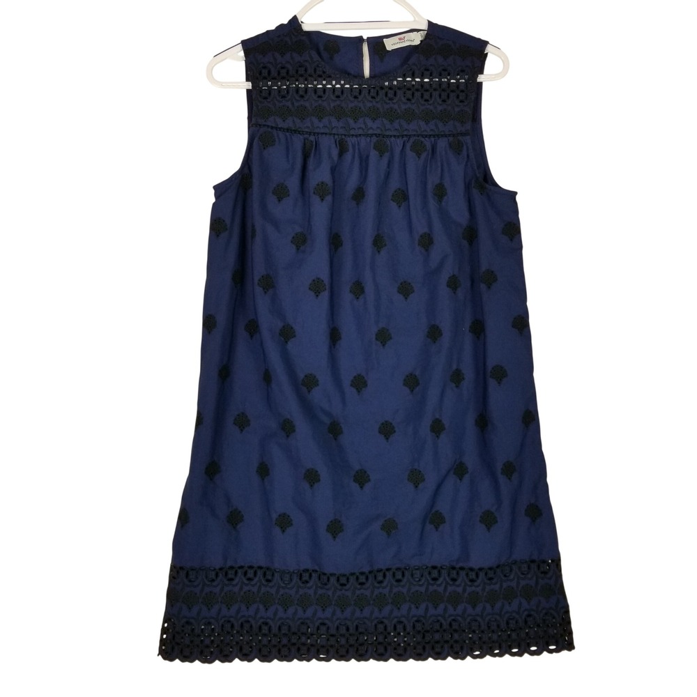 Vineyard Vines Shift Dress Womens Medium Navy Blue Eyelet Embroidered Sleeveless
